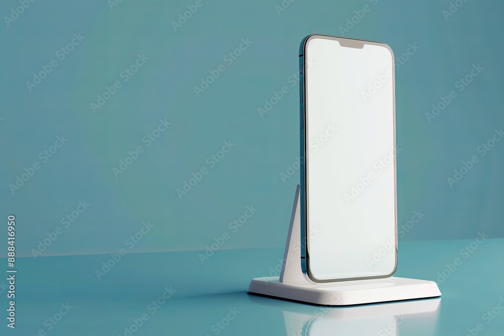 Smartphone with white screen on a bright stand, emphasizing presentation and mockup. 3D illustration Smartphone with white screen on a bright stand, emphasizing presentation and mockup. 3D illustration