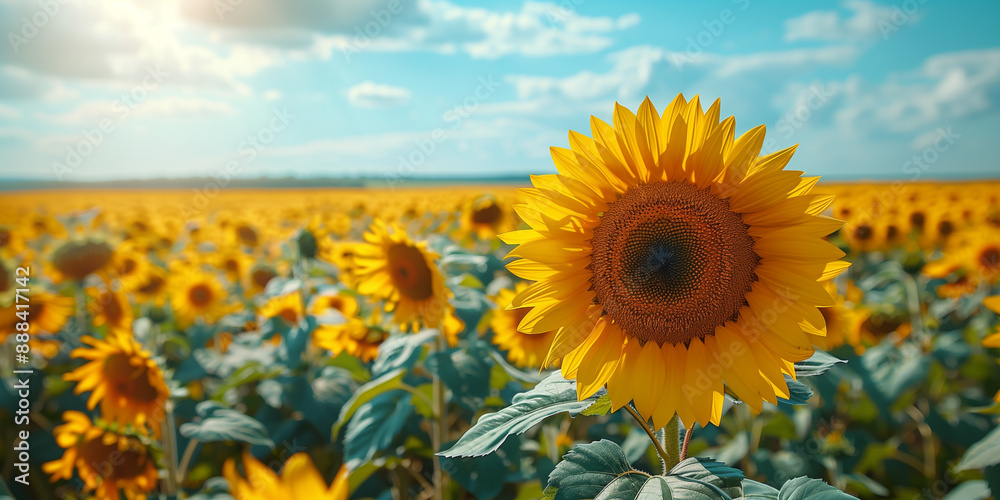 Fototapeta premium field of yellow sunflowers, blue sky, flag of Ukraine, banner copy space. National Flag, Day of Unity, Constitution, Ukrainian Statehood, Independence, Defenders and Defendresses, Armed Forces