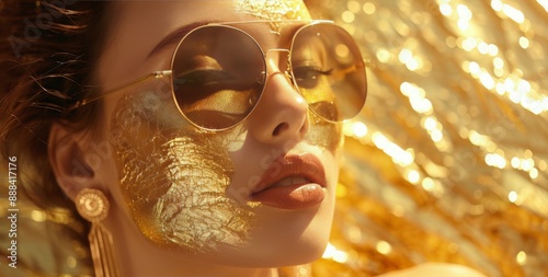 Woman Wearing Gold Leaf Mask and Sunglasses