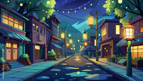 view of street lights filled with fireflies at night, anime background