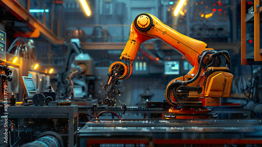 A image of a heavy automation robot arm machine in a smart factory illustrating the advanced manufacturing processes and connectivity of Industry 4.0 A image of a heavy automation robot arm machine in a smart factory illustrating the advanced manufacturing processes and connectivity of Industry 4.0