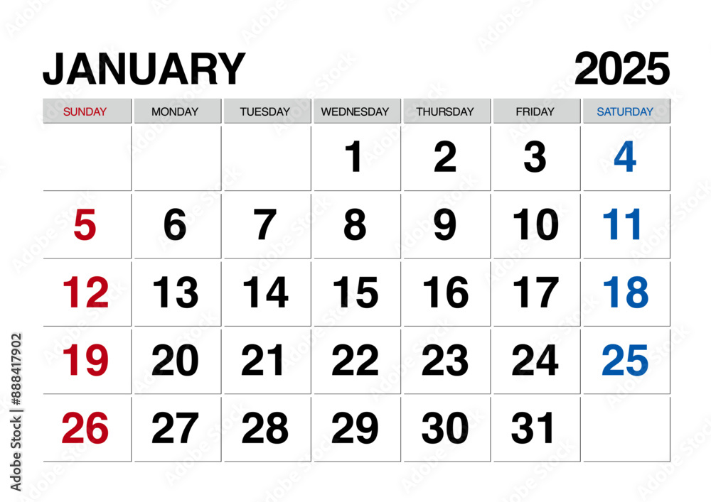 2025年1月のカレンダー日曜始まり日本の祝日表記無し
2025年1月のカレンダー日曜始まり日本の祝日表記無し