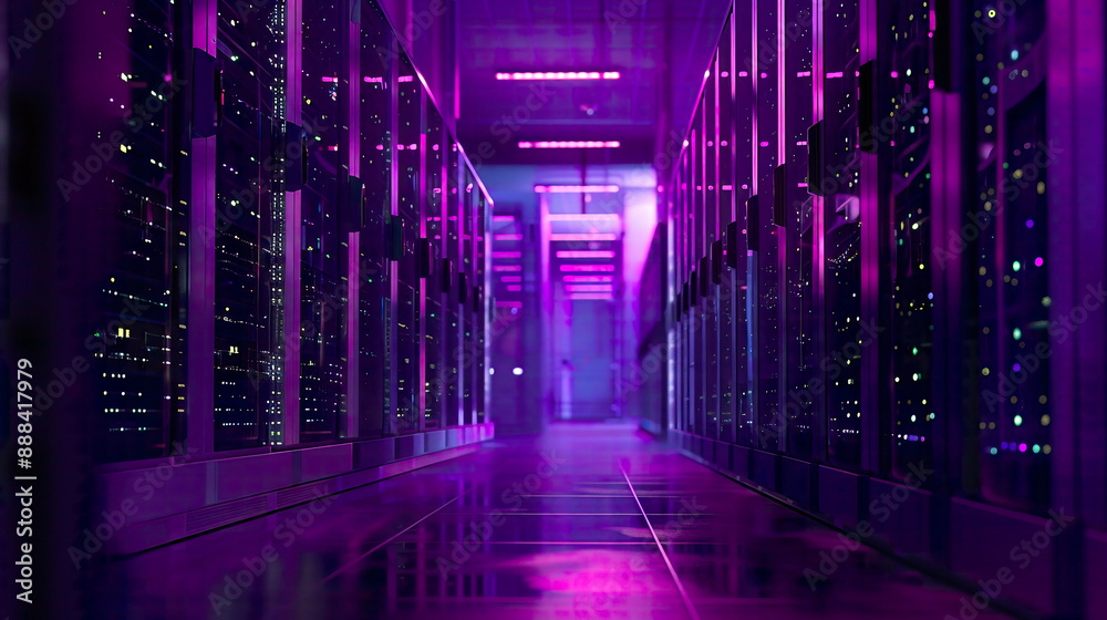 Fototapeta premium A sharp image of a cutting-edge data center with multiple rows of operational server racks.