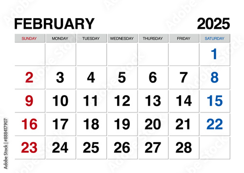 2025年2月のカレンダー日曜始まり日本の祝日表記無し
