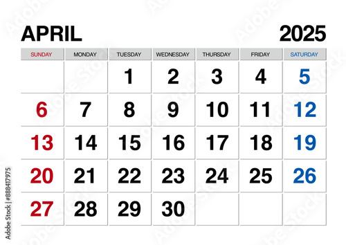 2025年4月のカレンダー日曜始まり日本の祝日表記無し
