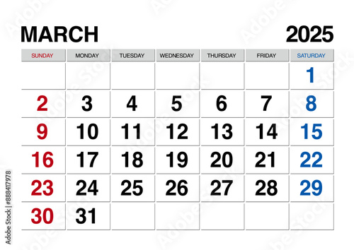 2025年3月のカレンダー日曜始まり日本の祝日表記無し
