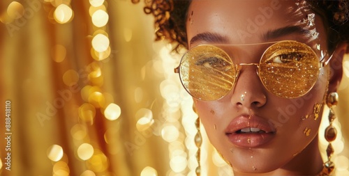 Woman Wearing Gold Leaf Mask and Sunglasses