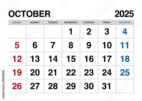 2025年10月のカレンダー日曜始まり日本の祝日表記無し
