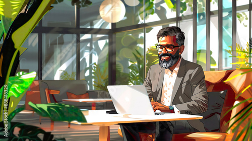 A vibrant illustration of a smiling bearded Indian businessman working on his laptop in a modern office lobby space