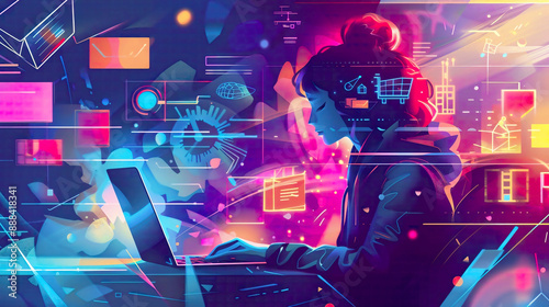 A vibrant illustration of a student engaged in online education featuring a laptop with a detailed graphic interface showing various digital training courses