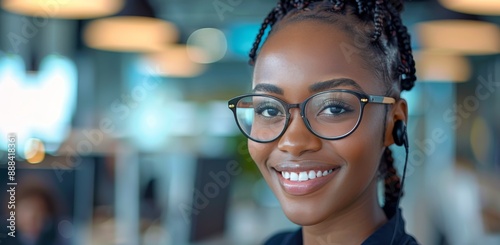 Portrait of a Smiling Black Woman Wearing Glasses in an Office Setting