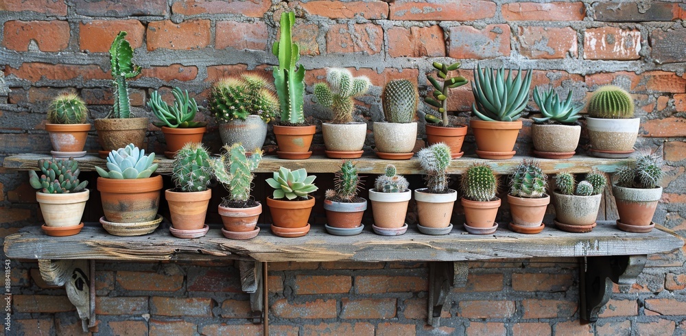 Fototapeta premium A Collection of Succulents and Cacti in Terracotta Pots on a Rustic Wooden Shelf