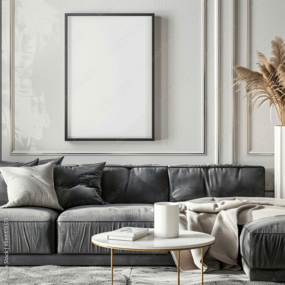 Modern living room with blank framed poster on wall, Mock up poster frame. Concept interior design Modern living room with blank framed poster on wall, Mock up poster frame. Concept interior design