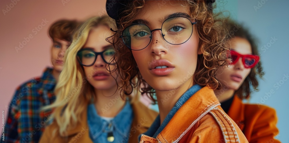 Obraz premium Young Women Wearing Sunglasses and Glasses in a Group Photo on a Sunny Day