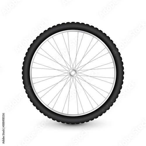 Realistic 3d bicycle wheel. Bike rubber tire, shiny metal spokes and rim. Fitness cycle, touring, sport, road and mountain bike. Vector illustration