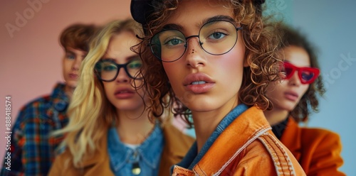 Young Women Wearing Sunglasses and Glasses in a Group Photo on a Sunny Day
