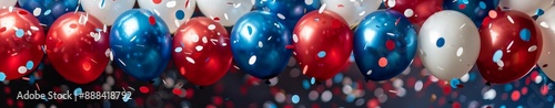 Red, White, and Blue Balloons With Confetti on a White Background