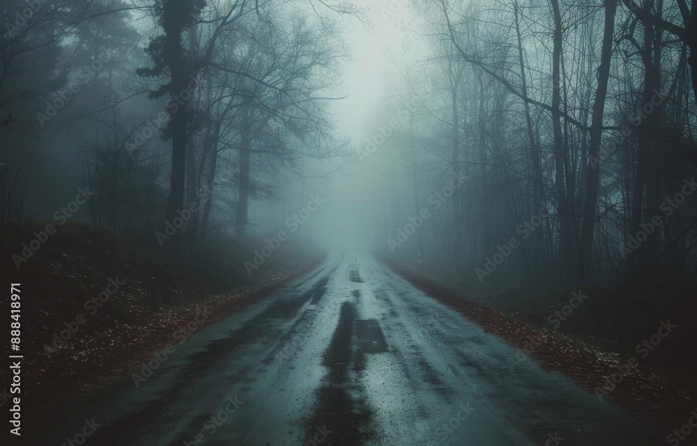 Foggy Road Through a Dense Forest on a Cloudy Day