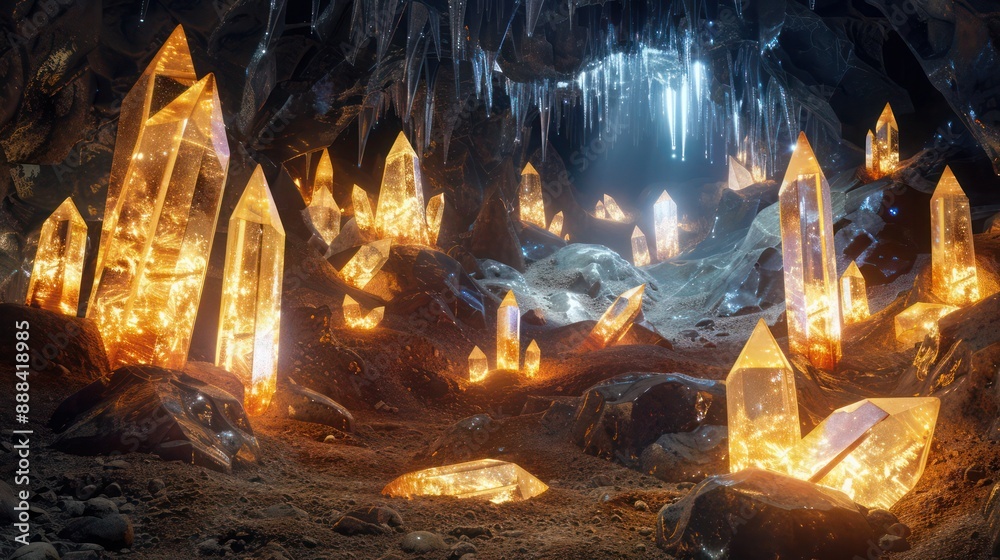 Obraz premium image of a financial crystal cavern, where each crystal represents a different aspect of wealth management, glowing in a subterranean setting