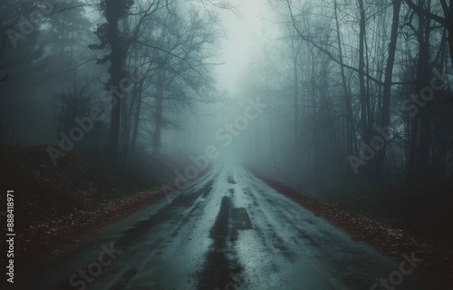 Foggy Road Through a Dense Forest on a Cloudy Day