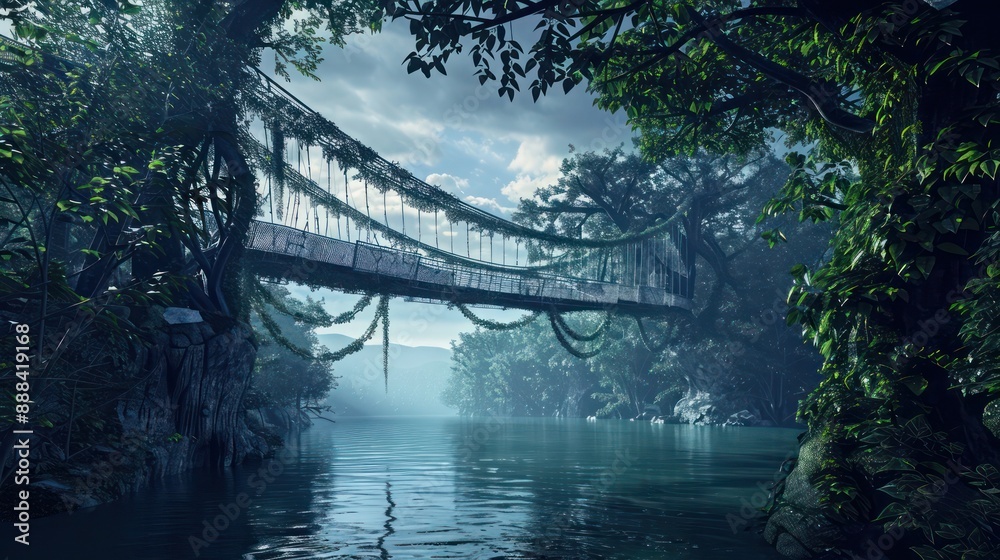 Fototapeta premium image of a financial bridge over a digital river, symbolizing the connection between past investment strategies and future returns