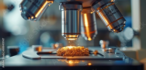 Closeup of a Microscope Lens Focusing on a Sample in a Laboratory Setting