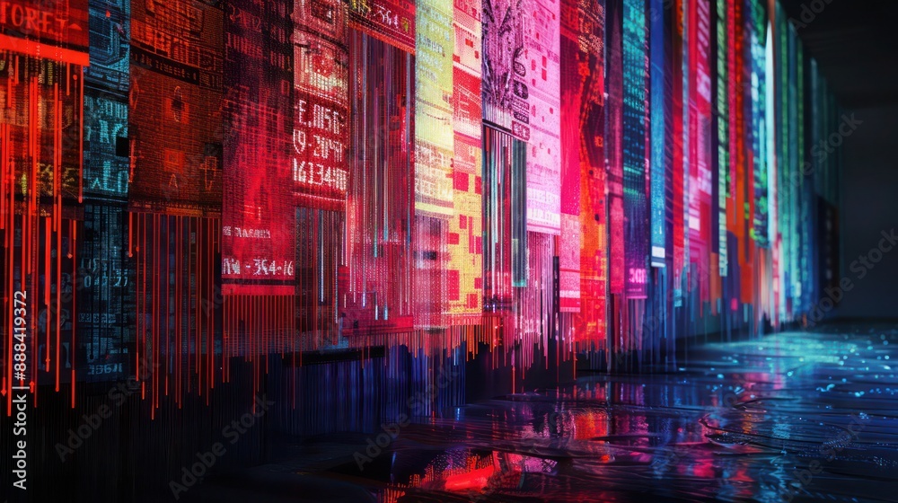 Naklejka premium image of a digital financial tapestry woven with threads of various currencies and stock trends, hanging in a virtual gallery