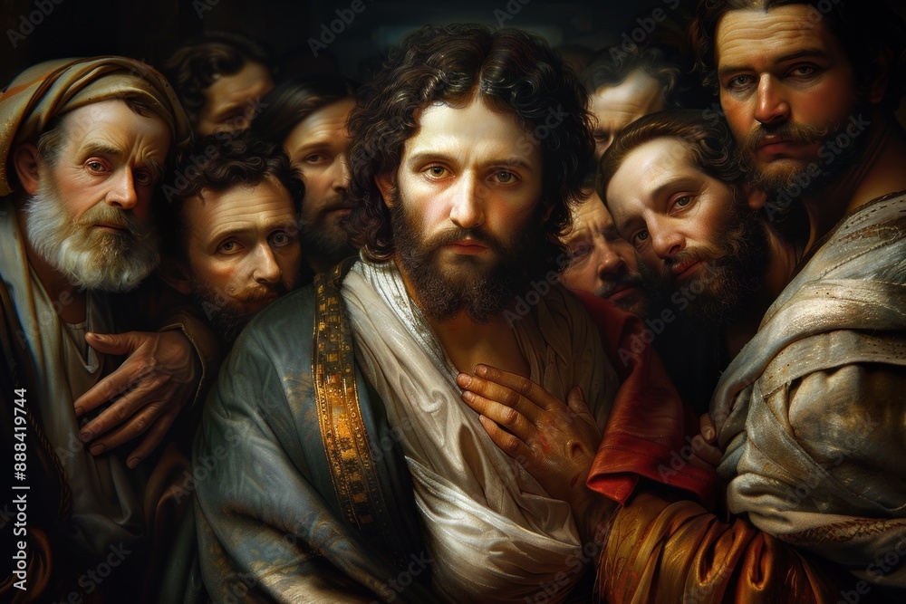 Sacred depiction: portrait of Jesus Christ with his 12 apostles, bond of faith and discipleship, spiritual connection and shared mission of followers with their revered teacher. Sacred depiction: portrait of Jesus Christ with his 12 apostles, bond of faith and discipleship, spiritual connection and shared mission of followers with their revered teacher.