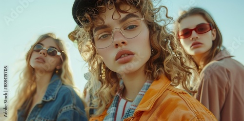Young Women Wearing Sunglasses and Glasses in a Group Photo on a Sunny Day