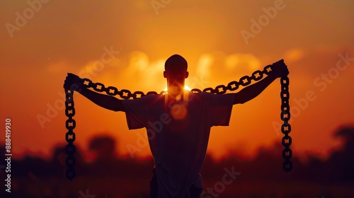 Man breaks chains in prayer for freedom and forgiveness.