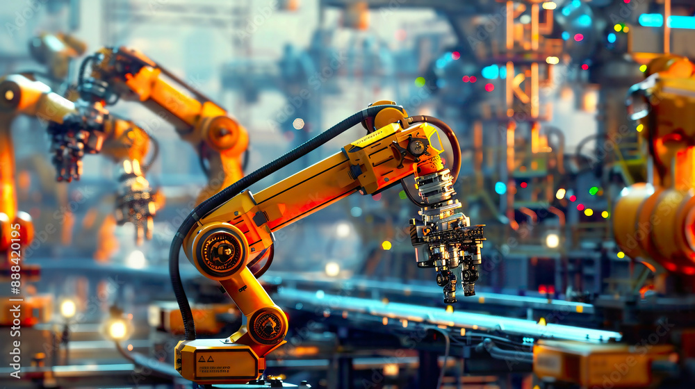 An artistic illustration of a digital factory with smart industry robot arms showcasing the seamless integration of automation and IoT software in the 4th industrial revolution. An artistic illustration of a digital factory with smart industry robot arms showcasing the seamless integration of automation and IoT software in the 4th industrial revolution.