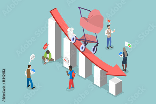 3D Isometric Flat Vector Illustration of Fertility Reduction In Europe, Decline Chart Showing Decrease in Number of People over Time.
