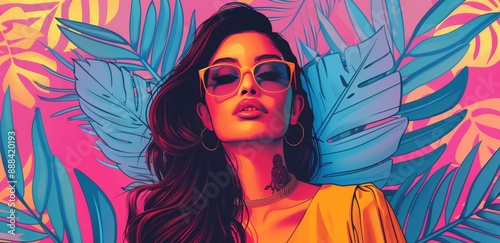 Woman Wearing Sunglasses and Yellow Shirt Against Tropical Leaves Background