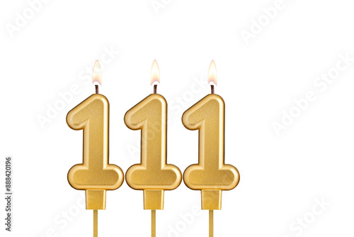 Golden number 111 birthday candle on white background