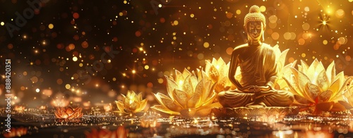 Golden Buddha Statue Surrounded by Lotus Flowers in a Pool of Light