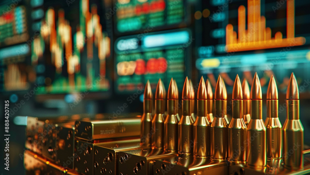a close-up of bullets stacked on boxes with stock exchange graphs displayed on monitors in the background, blending themes of conflict and finance a close-up of bullets stacked on boxes with stock exchange graphs displayed on monitors in the background, blending themes of conflict and finance