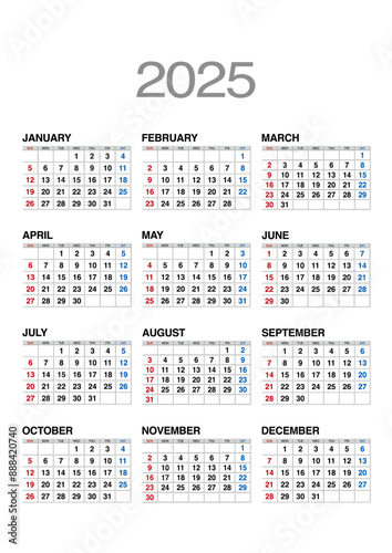 2025年の年間カレンダー日曜始まり日本の祝日表記無し
