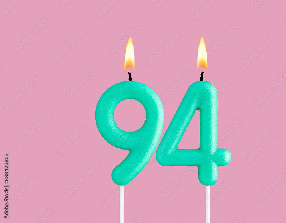 Birthday card with green number 94 candle - Pastel pink background Birthday card with green number 94 candle - Pastel pink background