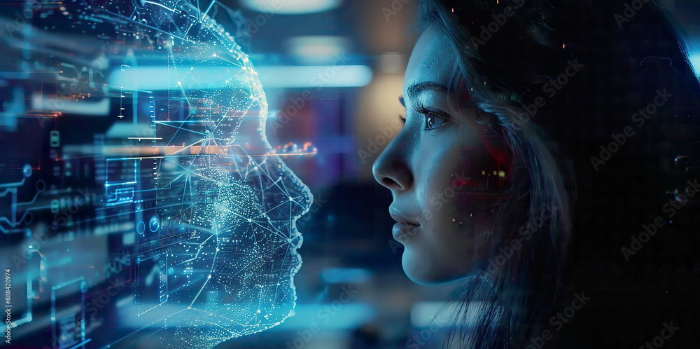 An immersive depiction of a woman using a laptop to chat with an AI represented by a futuristic interface on the screen. An immersive depiction of a woman using a laptop to chat with an AI represented by a futuristic interface on the screen.