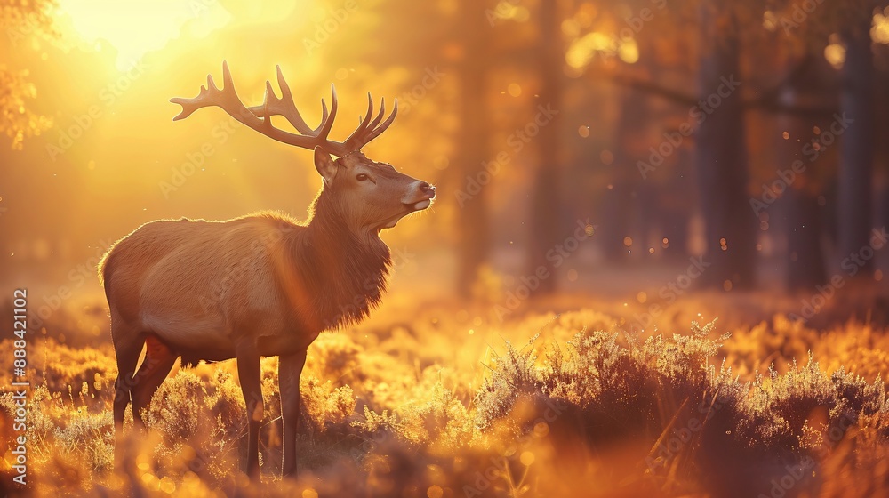 Red deer in the early morning sun's golden glow Red deer in the early morning sun's golden glow