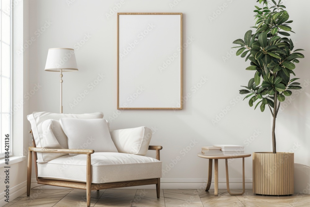 Modern living room with blank framed poster on wall, Mock up poster frame. Concept interior design Modern living room with blank framed poster on wall, Mock up poster frame. Concept interior design