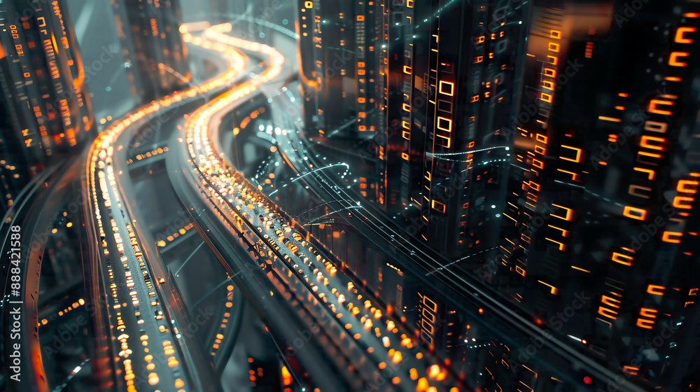 Obraz premium An intricate 3D rendering of a high-tech highway coursing through massive binary data towers in a digital city.