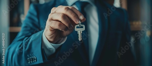 Real estate agent or landlord holding a house key. Concept of homeownership, property investment, buying or renting a new house, or mortgage loan.