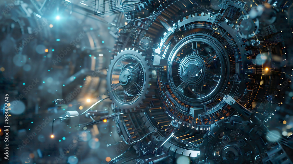 Obraz premium Dynamic scene of technology and engineering concept showcasing gears wires and digital elements interconnecting in a symphony of motion