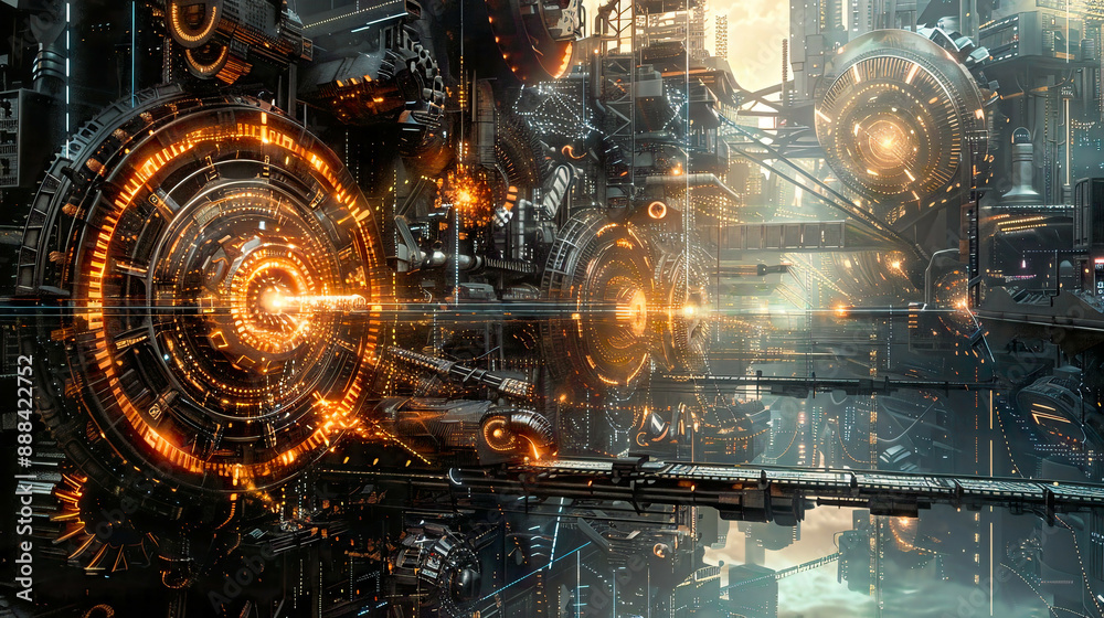 Dynamic scene of technology and engineering concept showcasing gears wires and digital elements interconnecting in a symphony of motion Dynamic scene of technology and engineering concept showcasing gears wires and digital elements interconnecting in a symphony of motion