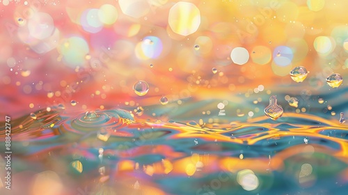 Tiny droplets of water and oil float like islands in a colorful sea. photo