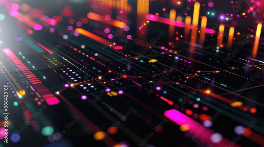 Fototapeta premium series of abstract, colorful, interconnected lines and graphs depicting financial analysis over a sleek black surface