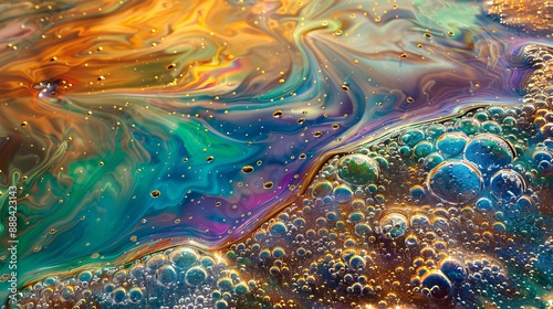 Tiny droplets of water and oil float like islands in a colorful sea. photo