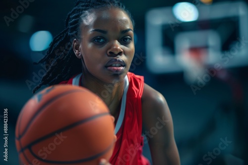 Woman basketball player on court during game wearing red uniform.