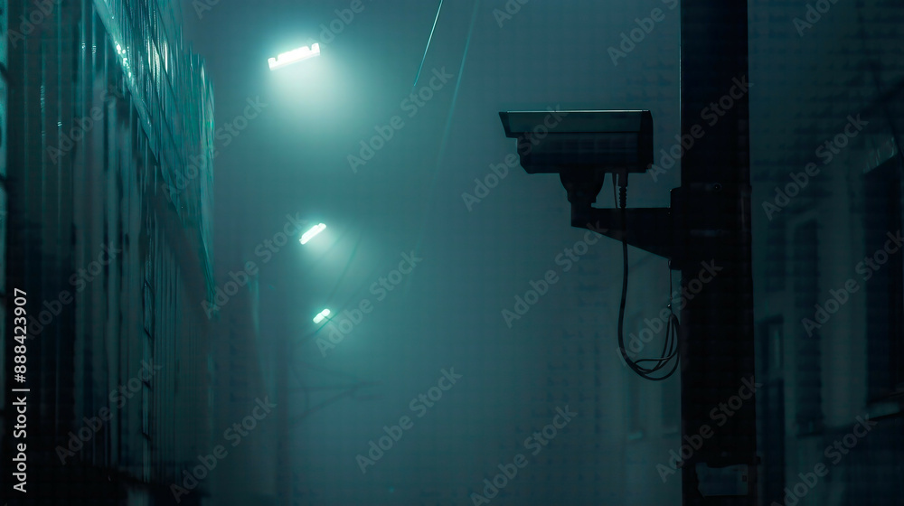 Moody Photo of AI Surveillance, in an Urban Environment, with Moody Street Lighting, from a Suspenseful Angle, Eliciting Feelings of Intrigue and Privacy Concerns